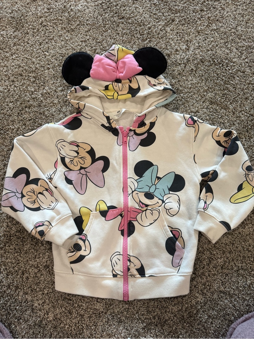 Disney Minnie Mouse Cream Zip Hoodie with Pink Bow and Pastel Accents